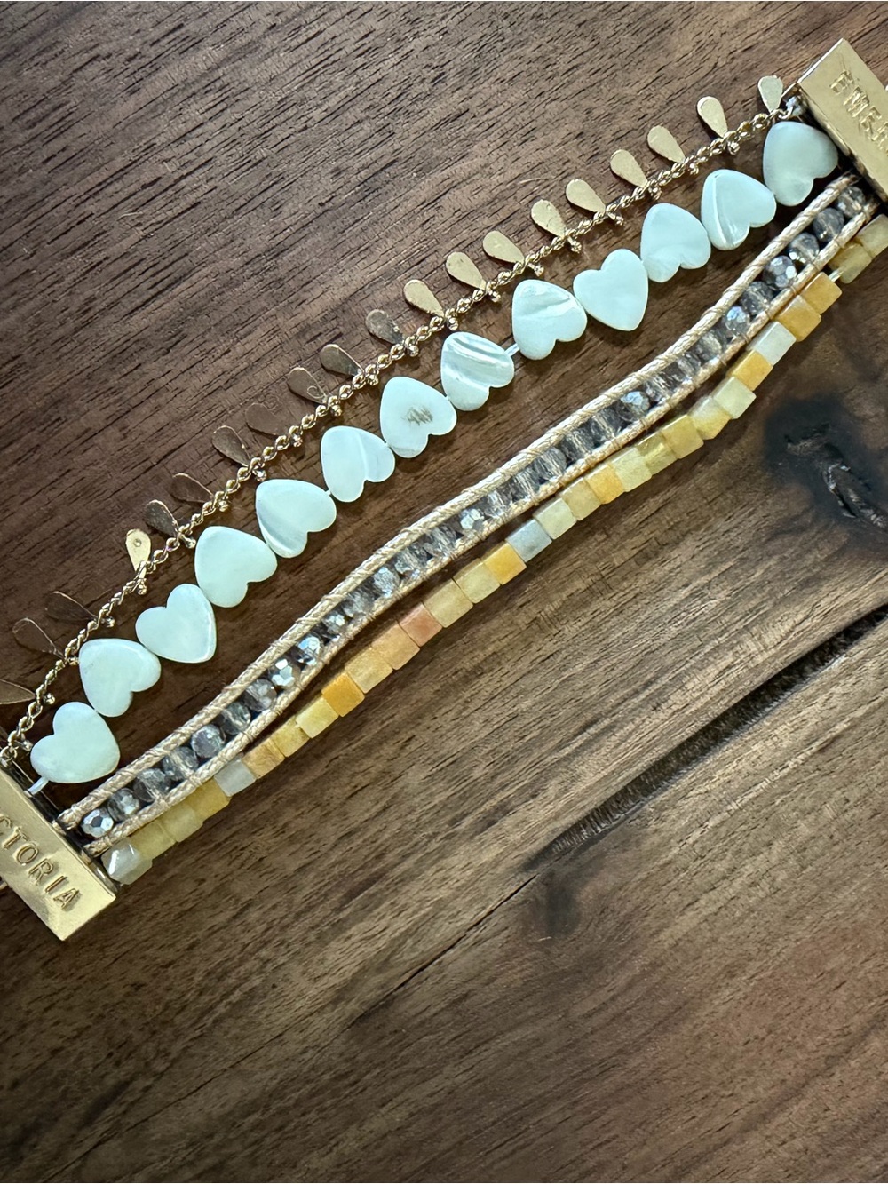 Victoria Emerson Yellow and White Layered Beaded Heart Bracelet Set